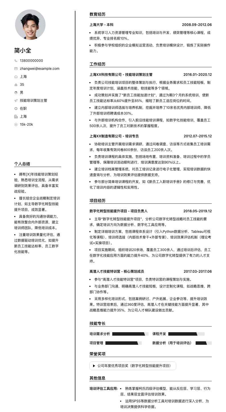 技能培训策划主管简历模板
