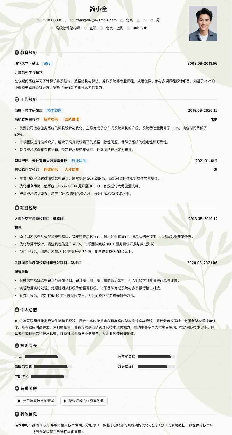 高级软件架构师简历模板