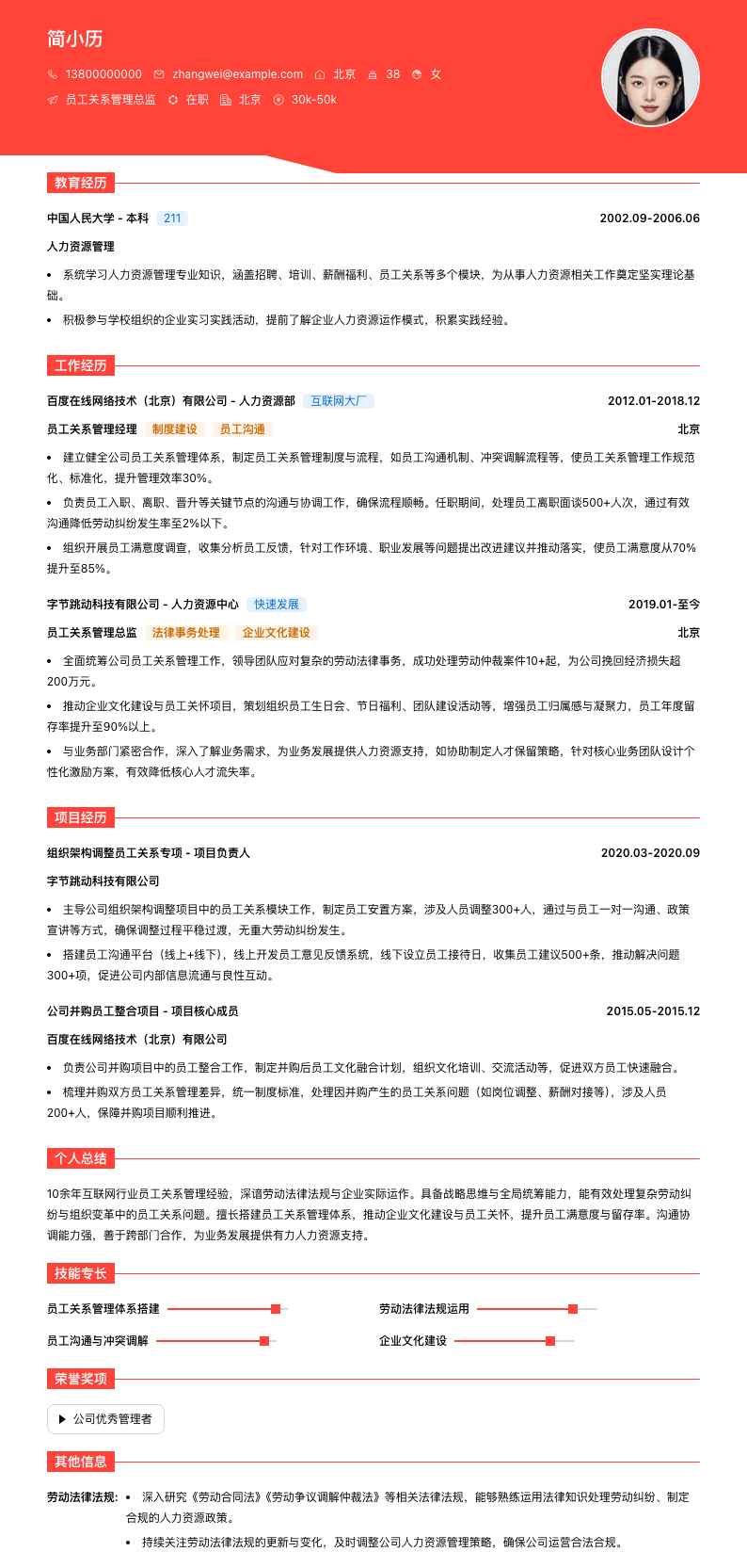 员工关系管理总监简历模板