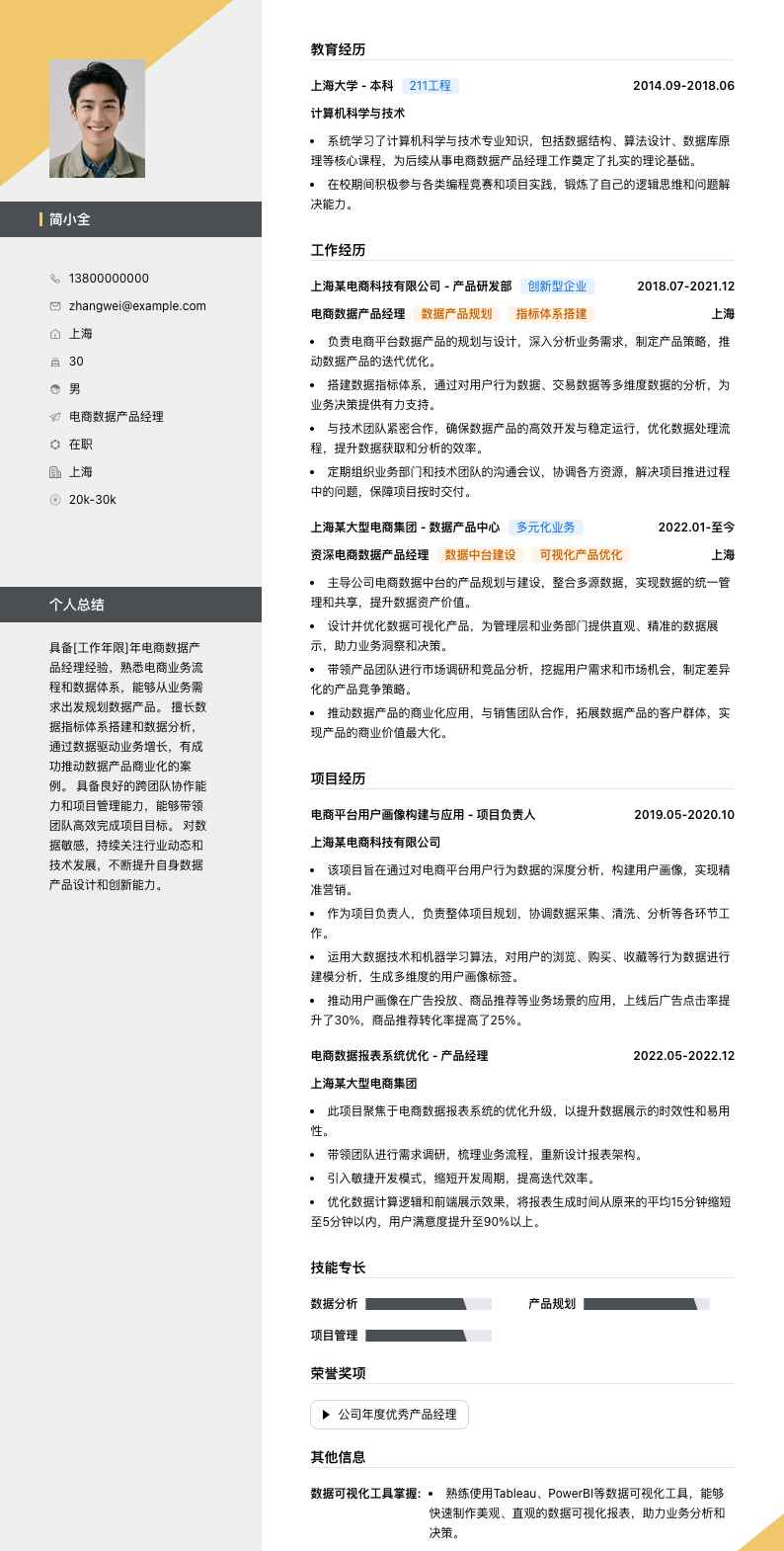 电商数据产品经理简历模板