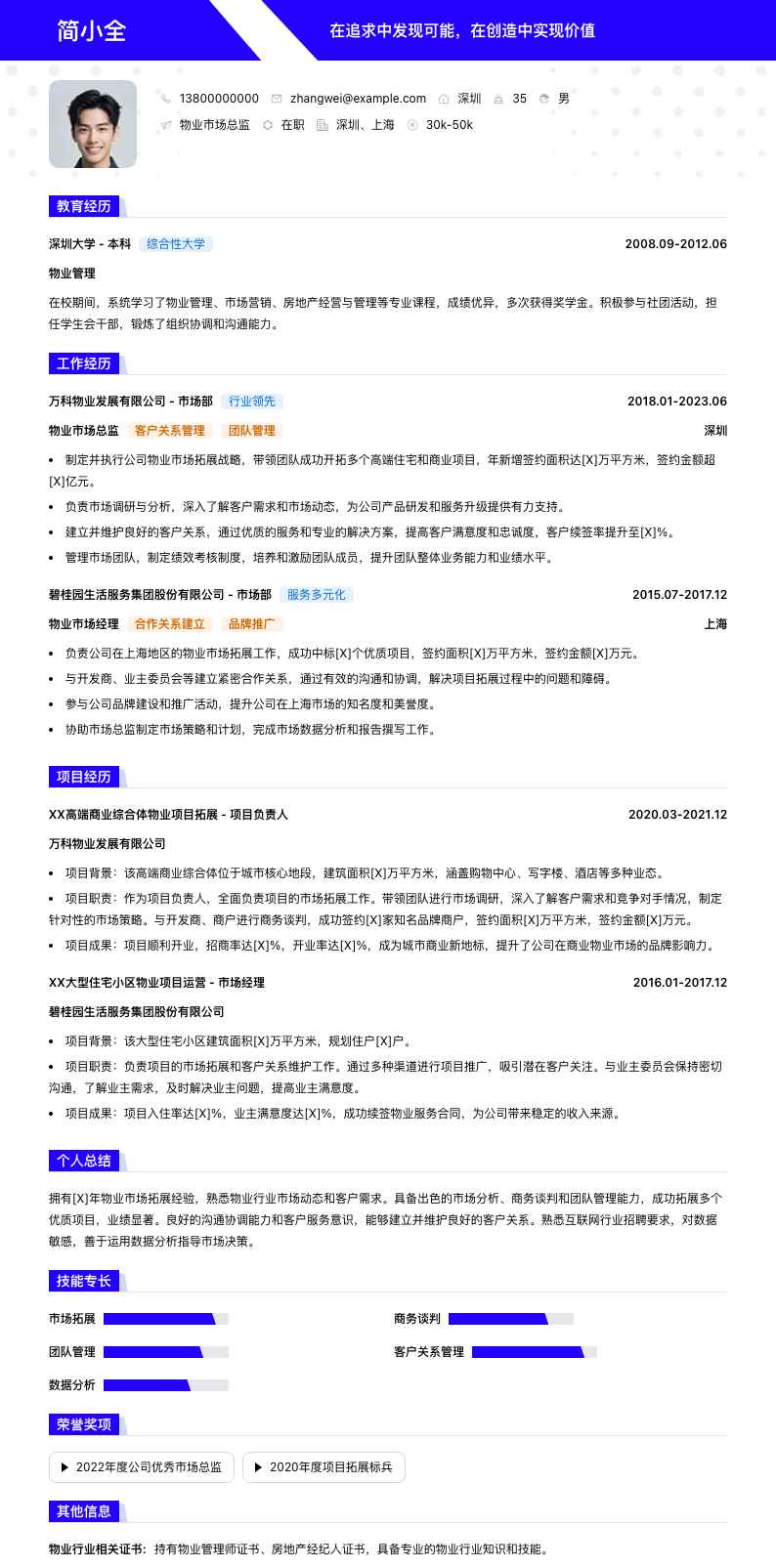 物业市场总监简历模板