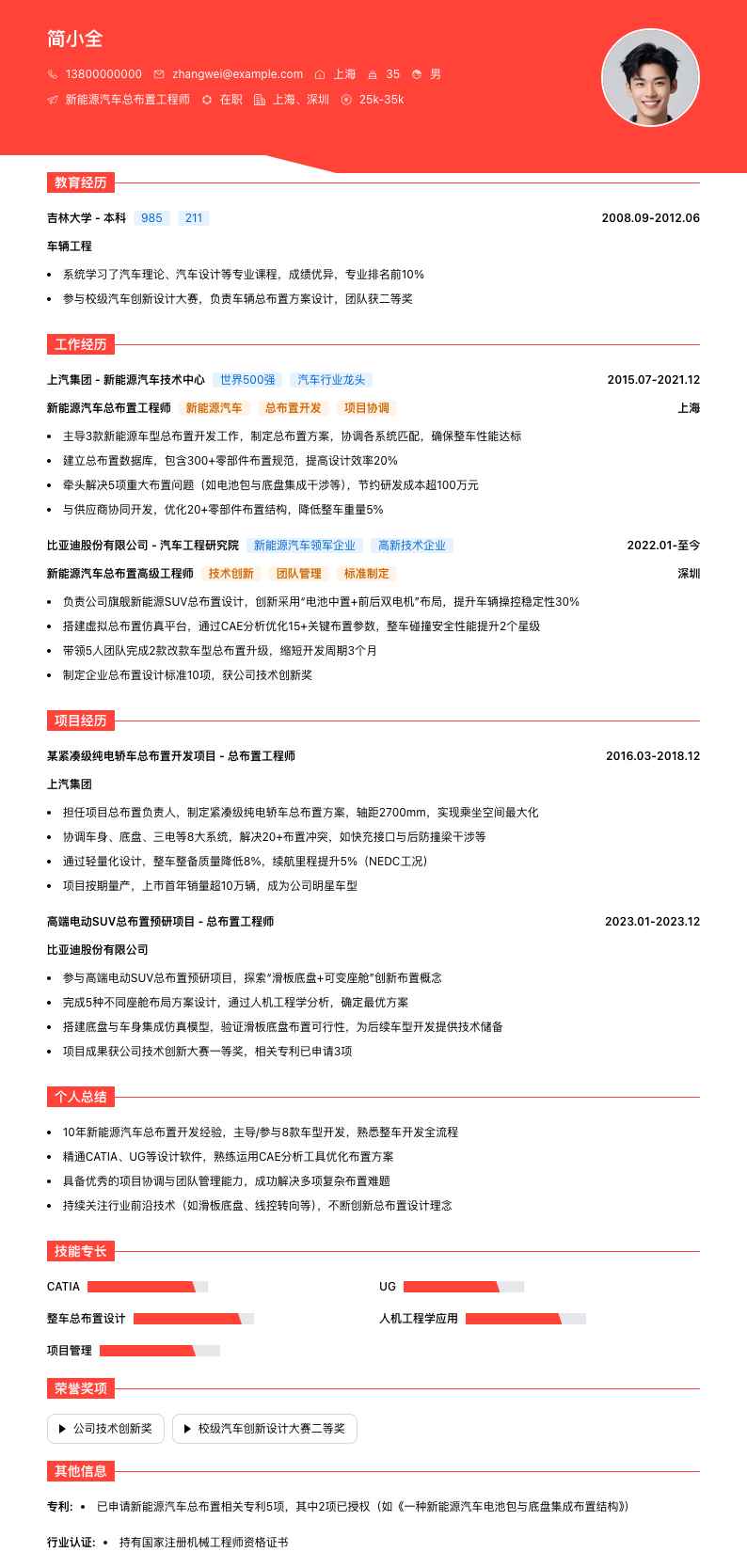 新能源汽车总布置工程师简历模板