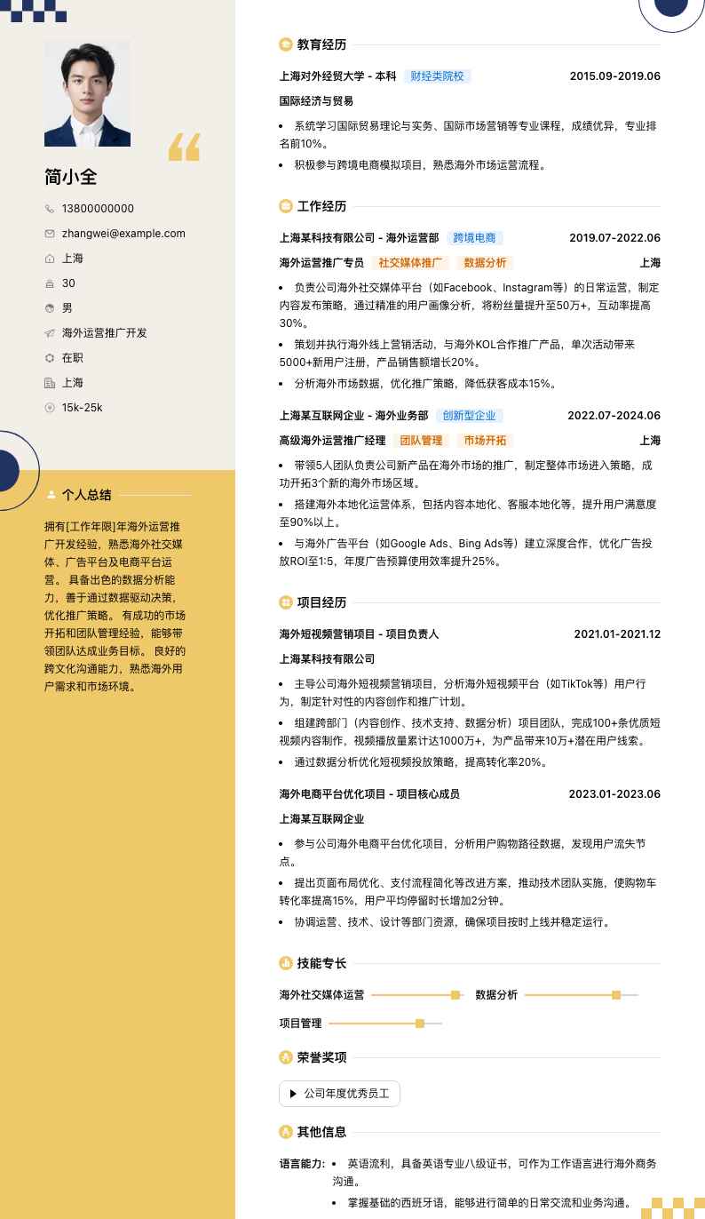 海外运营推广简历模板