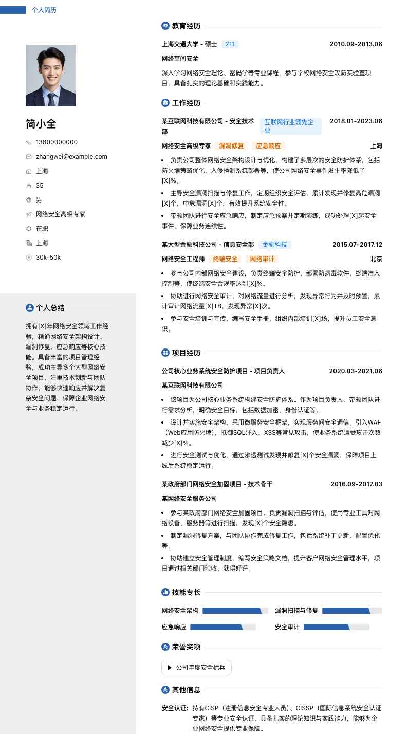 网络安全高级专家简历模板