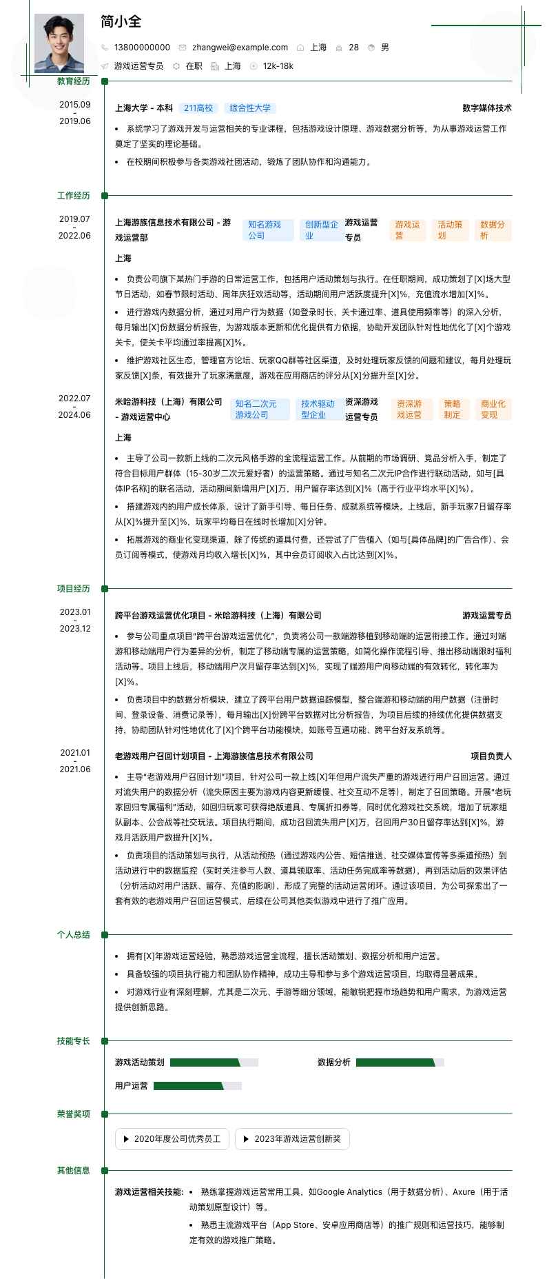 游戏运营专员简历模板