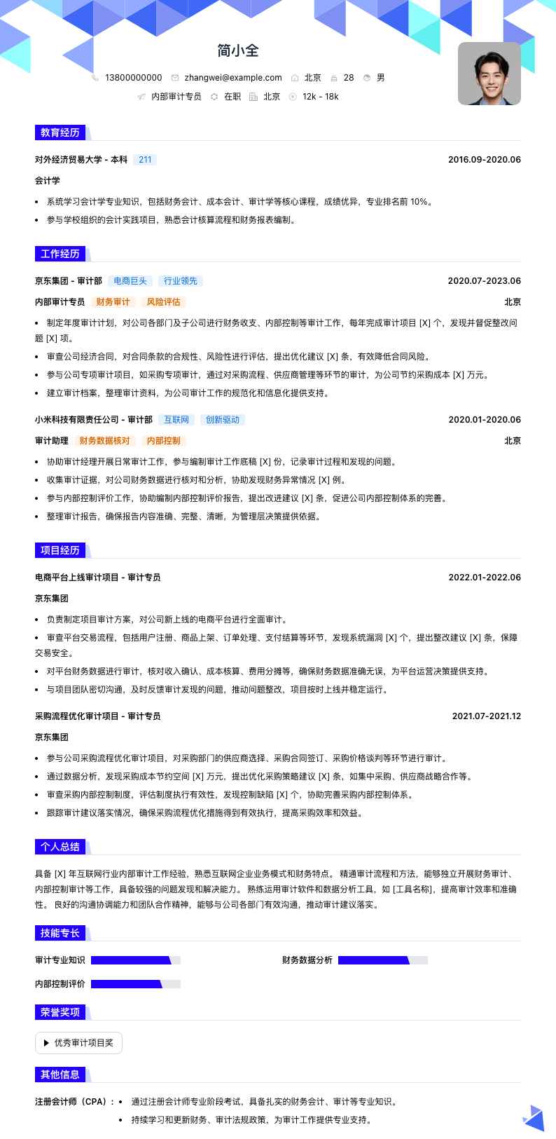 内部审计专员简历模板