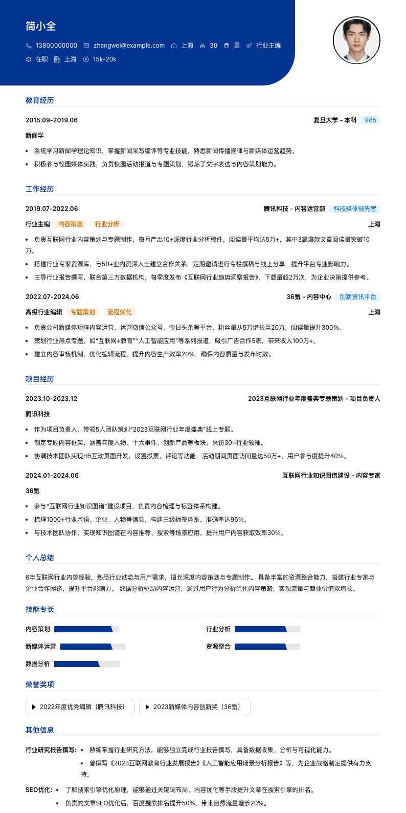 行业主编简历模板