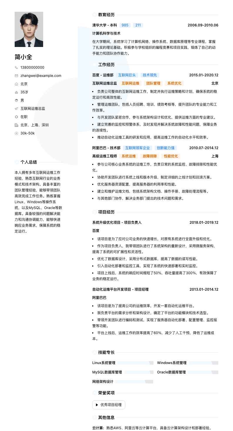 互联网运维总监简历模板