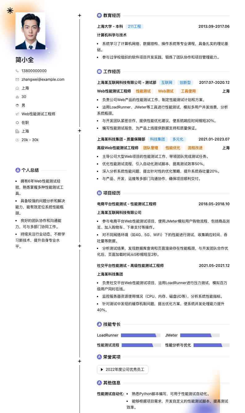 Web性能测试工程师简历模板