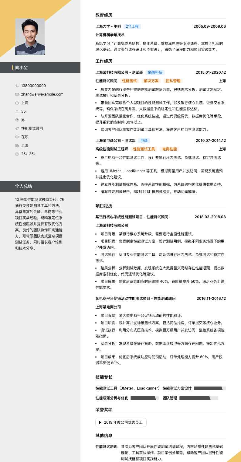 性能测试顾问简历模板