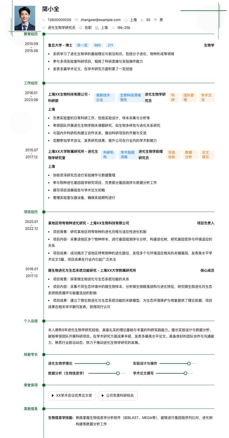 进化生物学研究员简历模板
