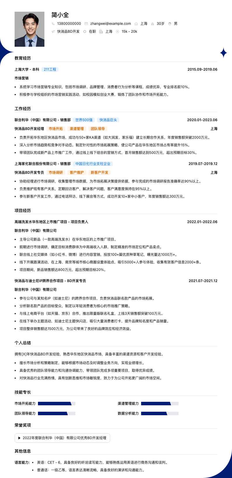 快消品BD简历模板