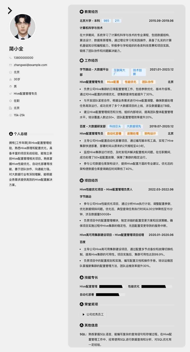 Hive配置管理专员简历模板
