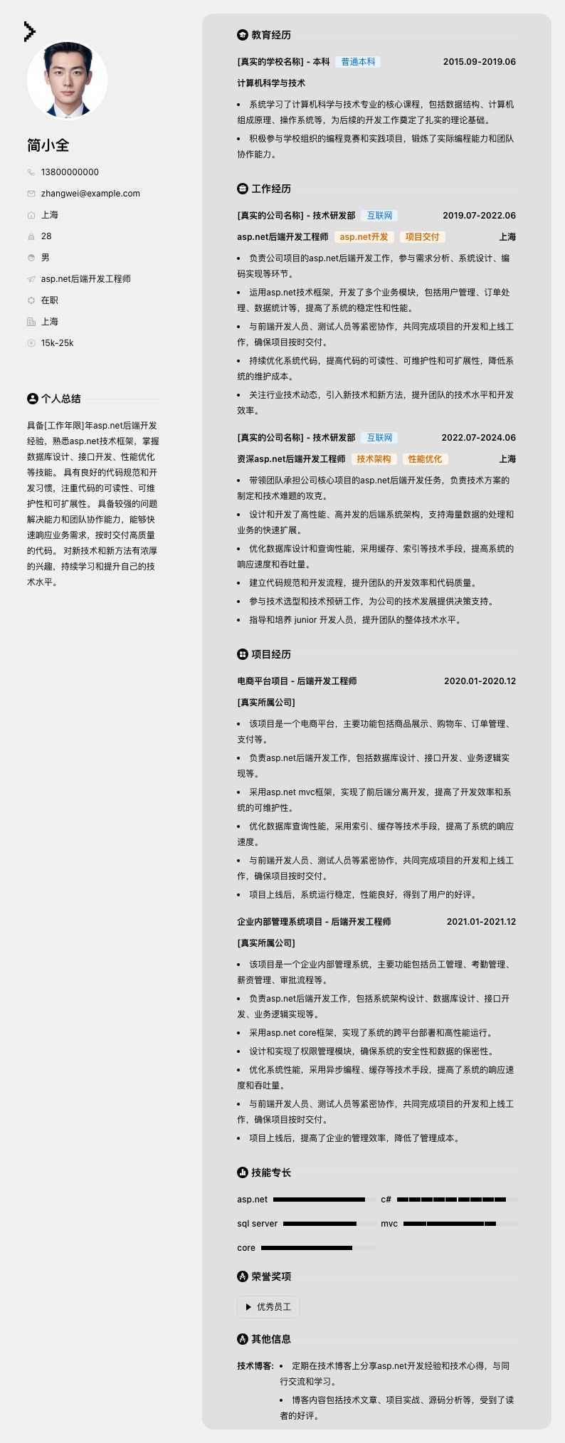 asp.net后端开发工程师简历模板