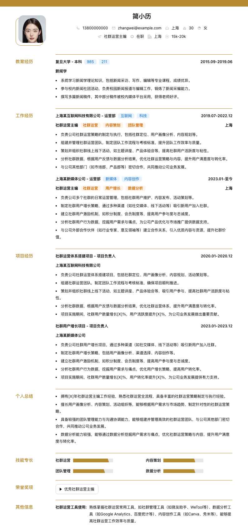社群运营主编简历模板