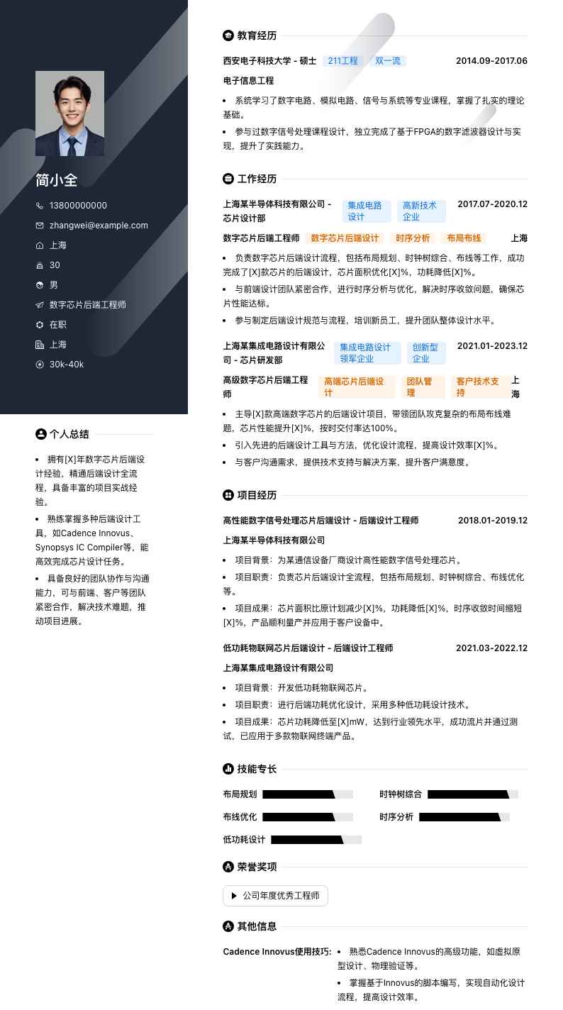 数字芯片后端工程师简历模板