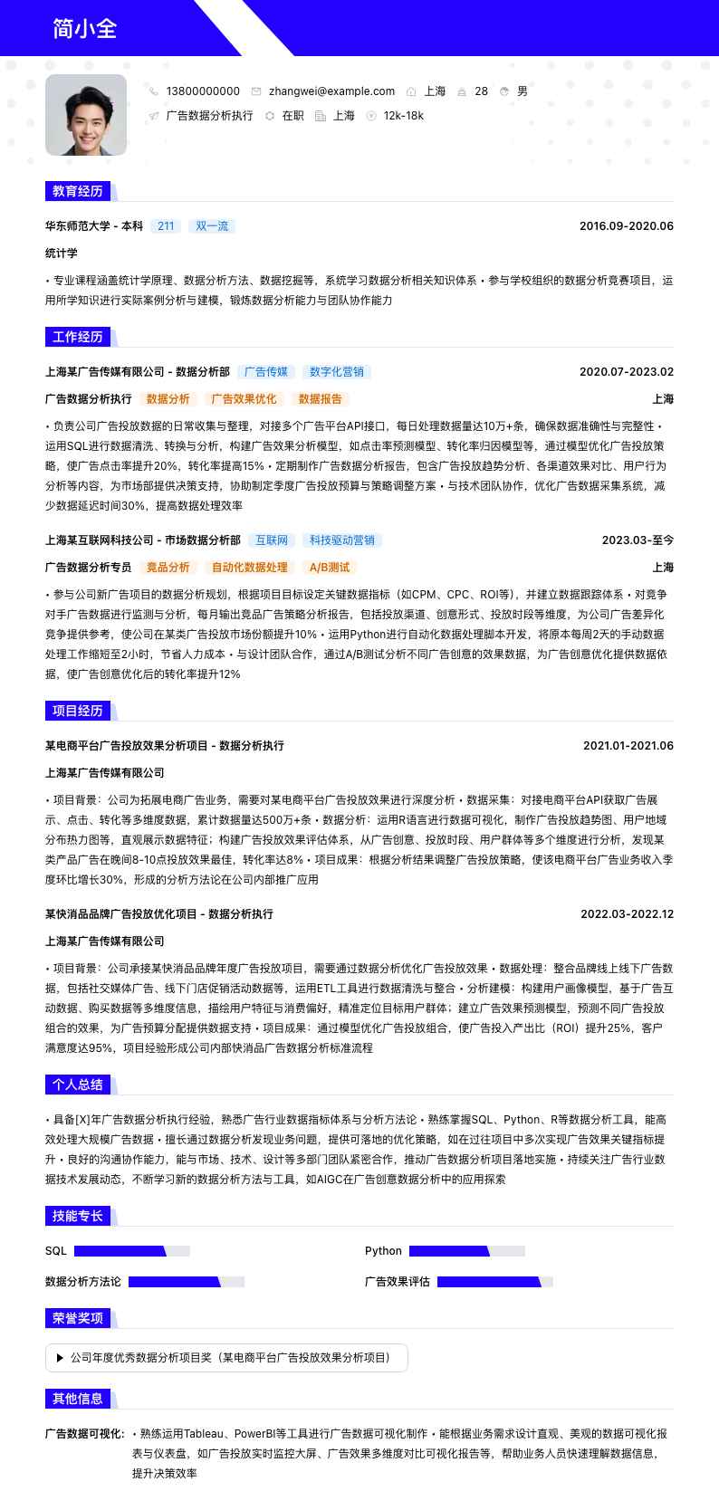 广告数据分析执行简历模板