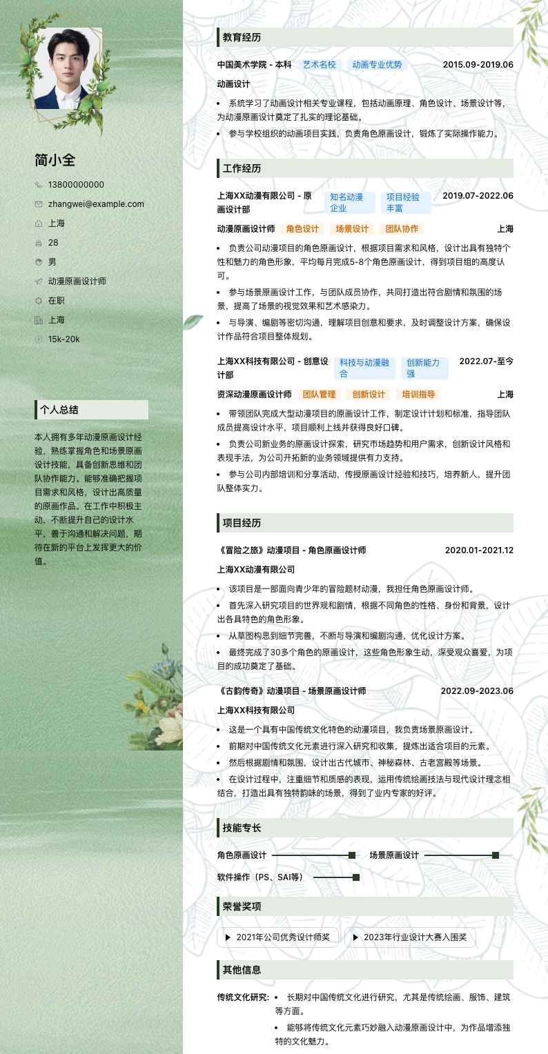 动漫原画设计师简历模板