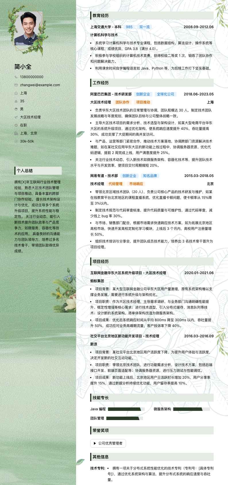 大区技术经理简历模板