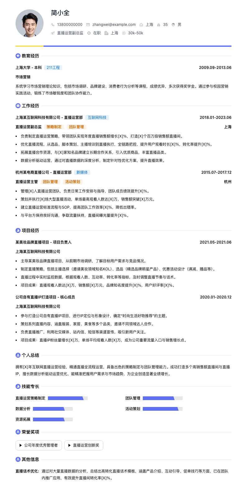 直播运营副总监简历模板