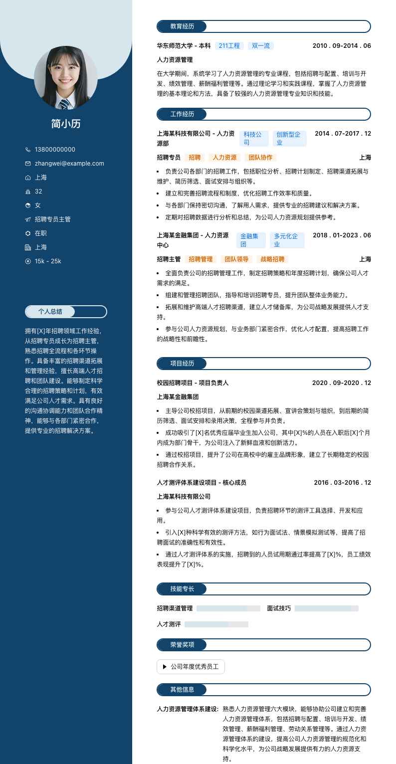 招聘专员主管简历模板