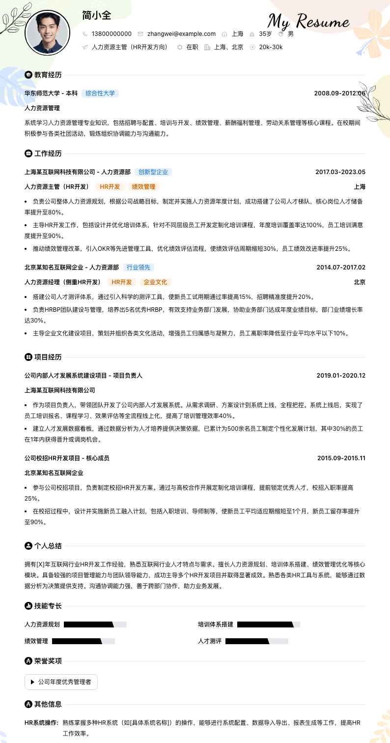 人力资源主管hr简历模板