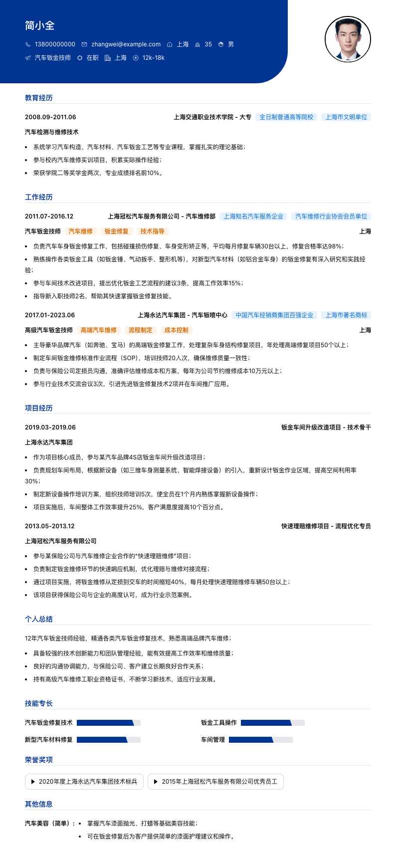 汽车钣金技师简历模板