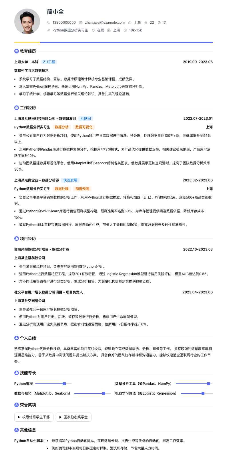 python数据分析实习生简历模板