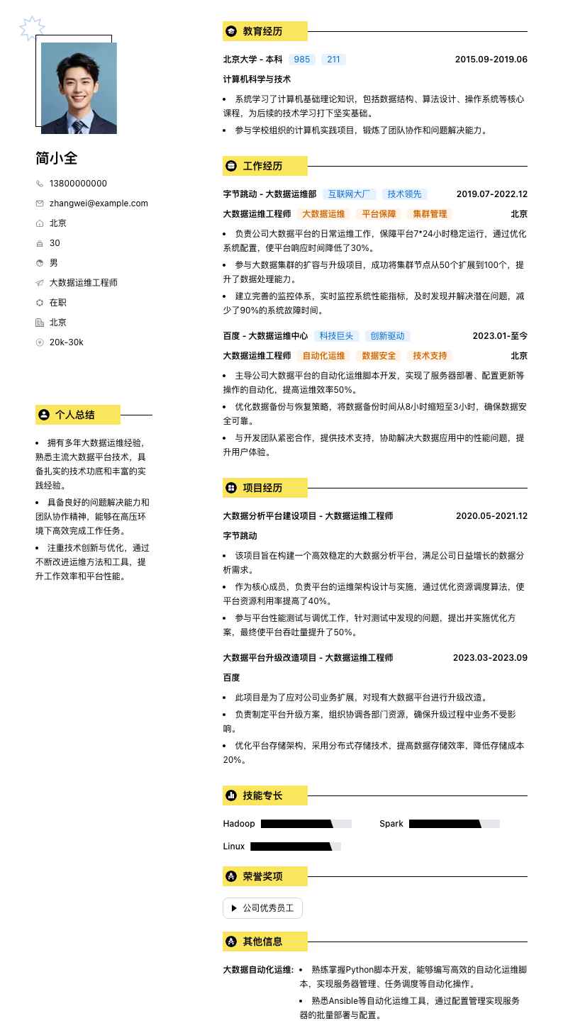 大数据运维工程师简历模板