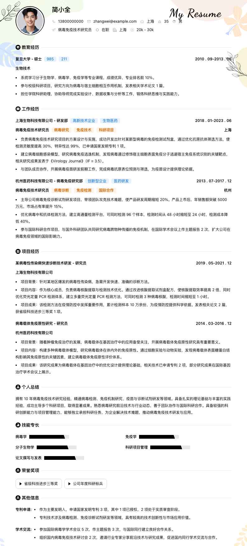 病毒免疫技术研究员简历模板