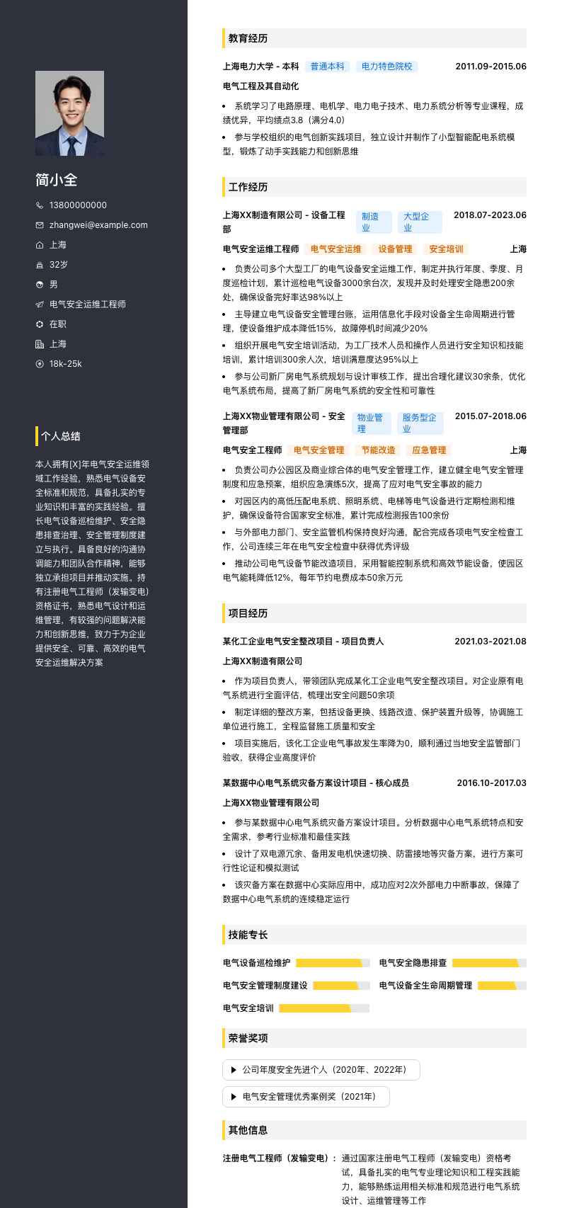 电气安全运维工程师简历模板