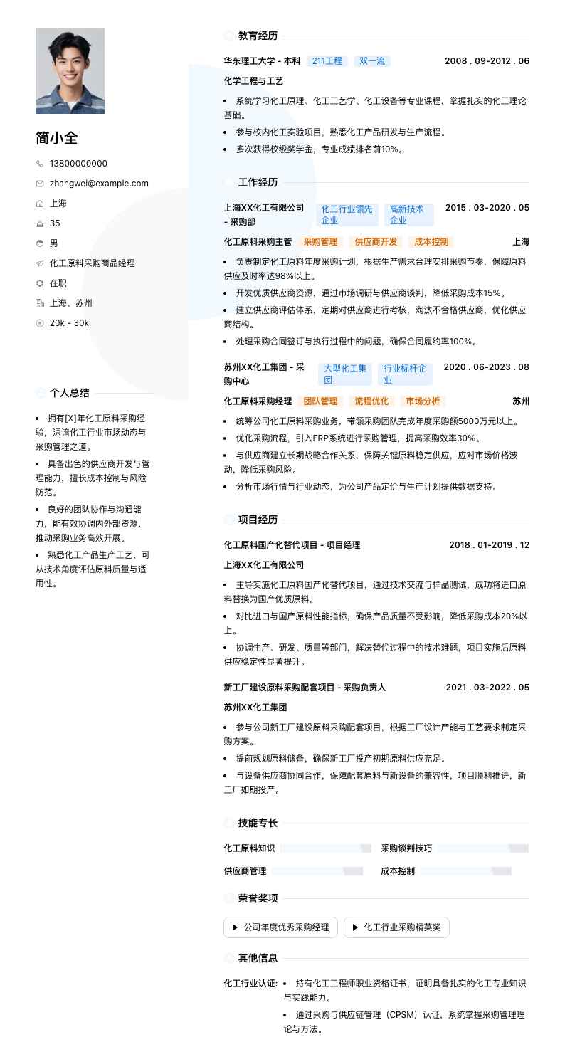 化工原料采购商品经理简历模板