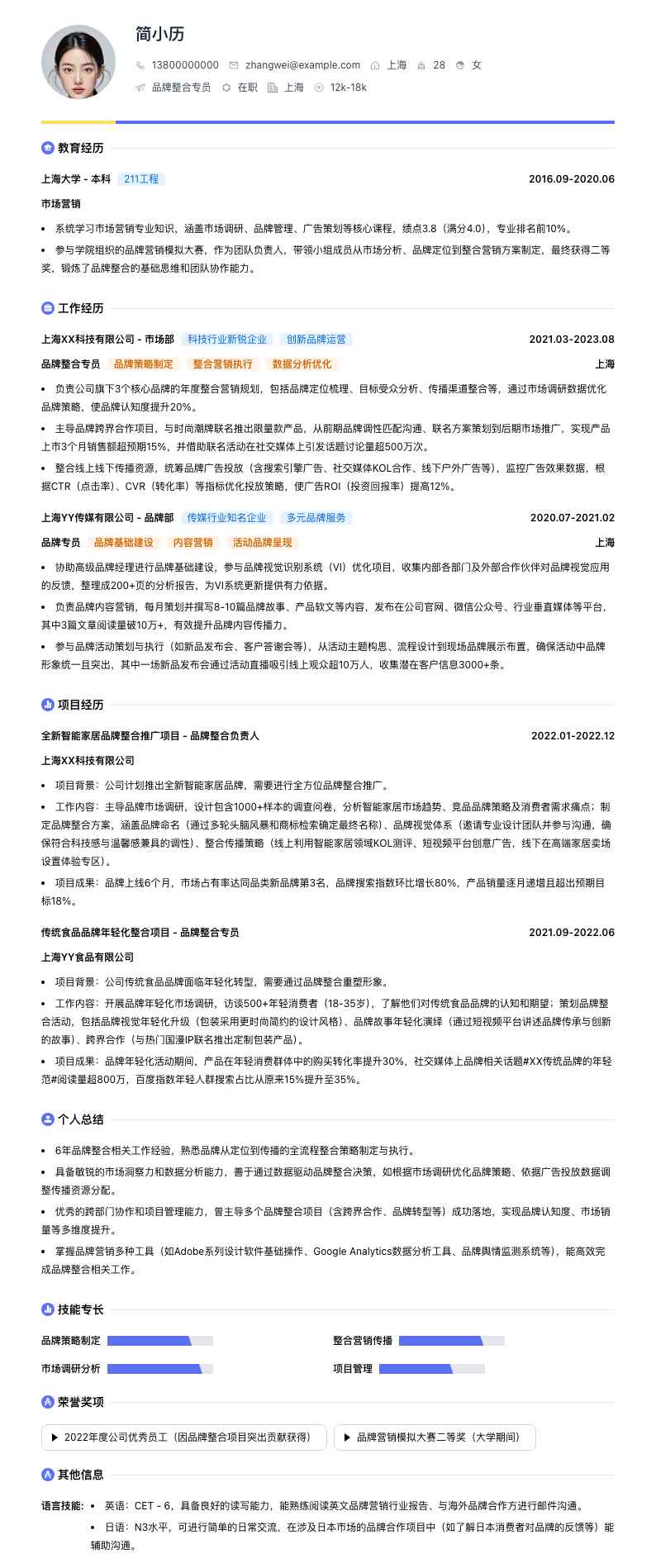 品牌整合专员简历模板