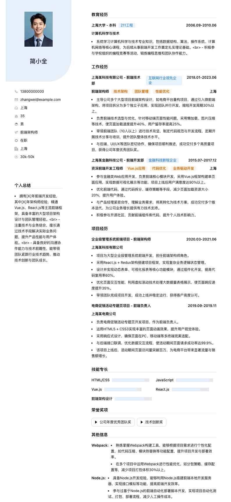 前端架构师简历模板