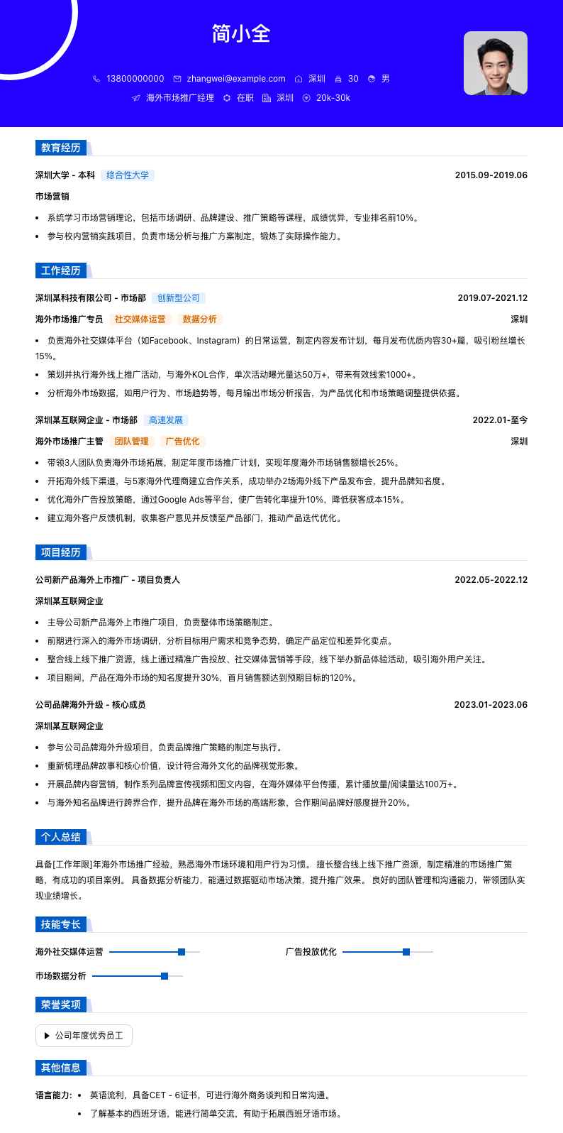 海外市场推广经理简历模板