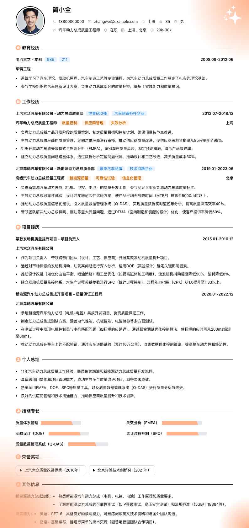 汽车动力总成质量工程师简历模板
