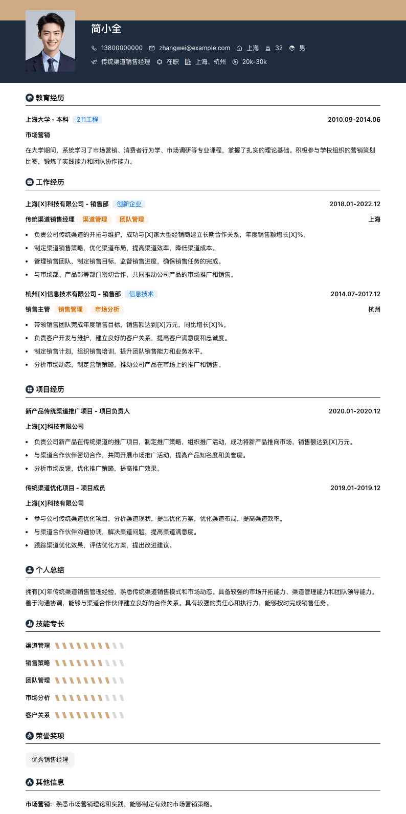 传统渠道销售经理简历模板