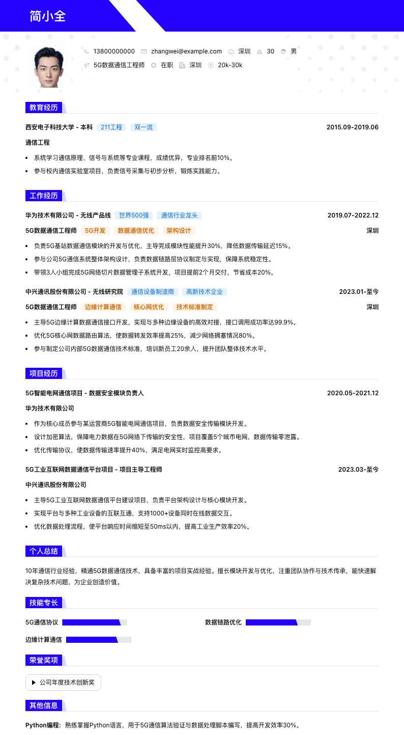 5G数据通信工程师简历模板