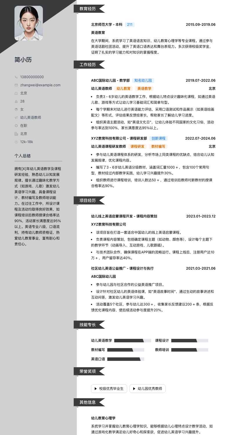 幼儿英语教师简历模板