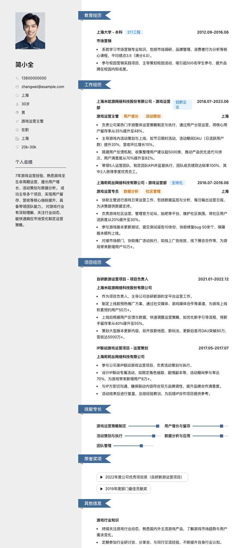 游戏运营主管简历模板