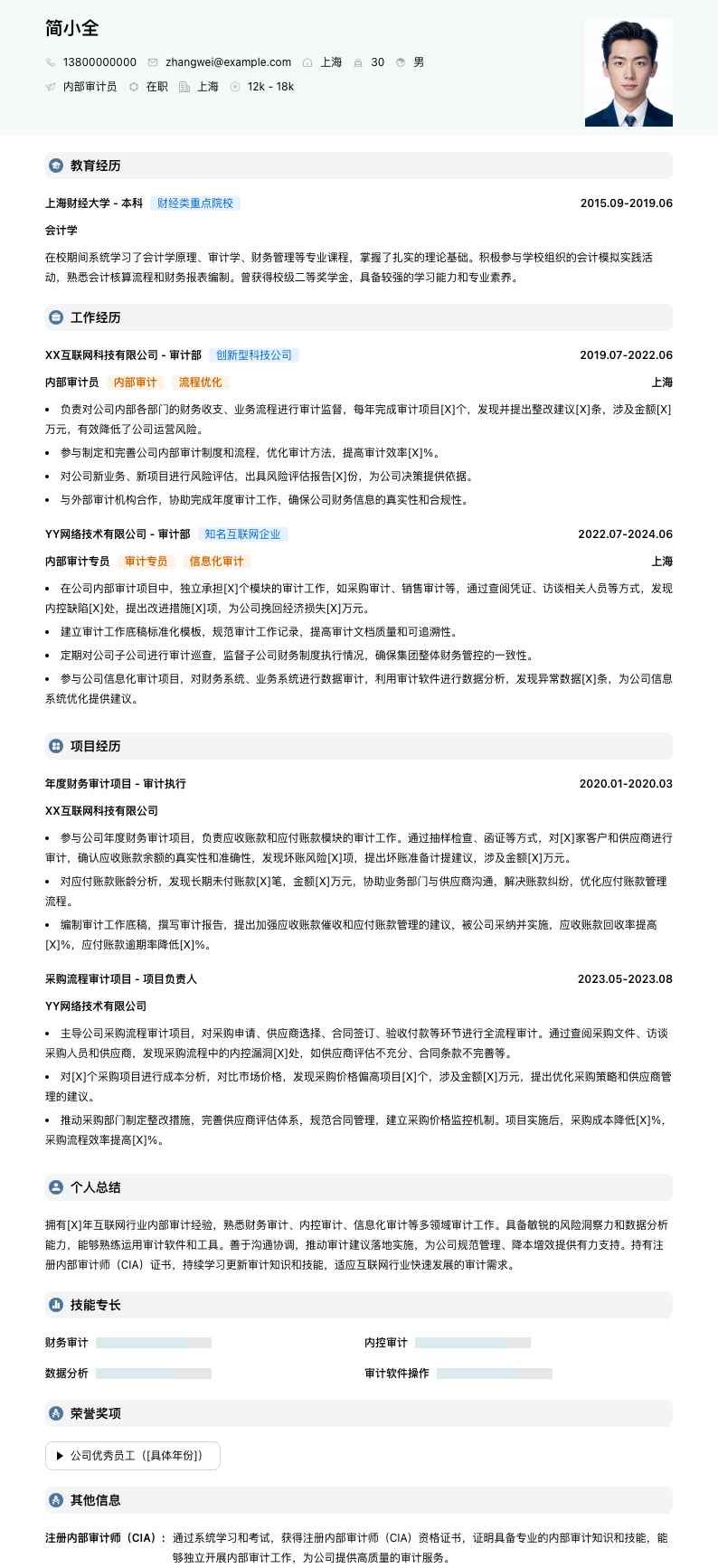 内部审计员简历模板