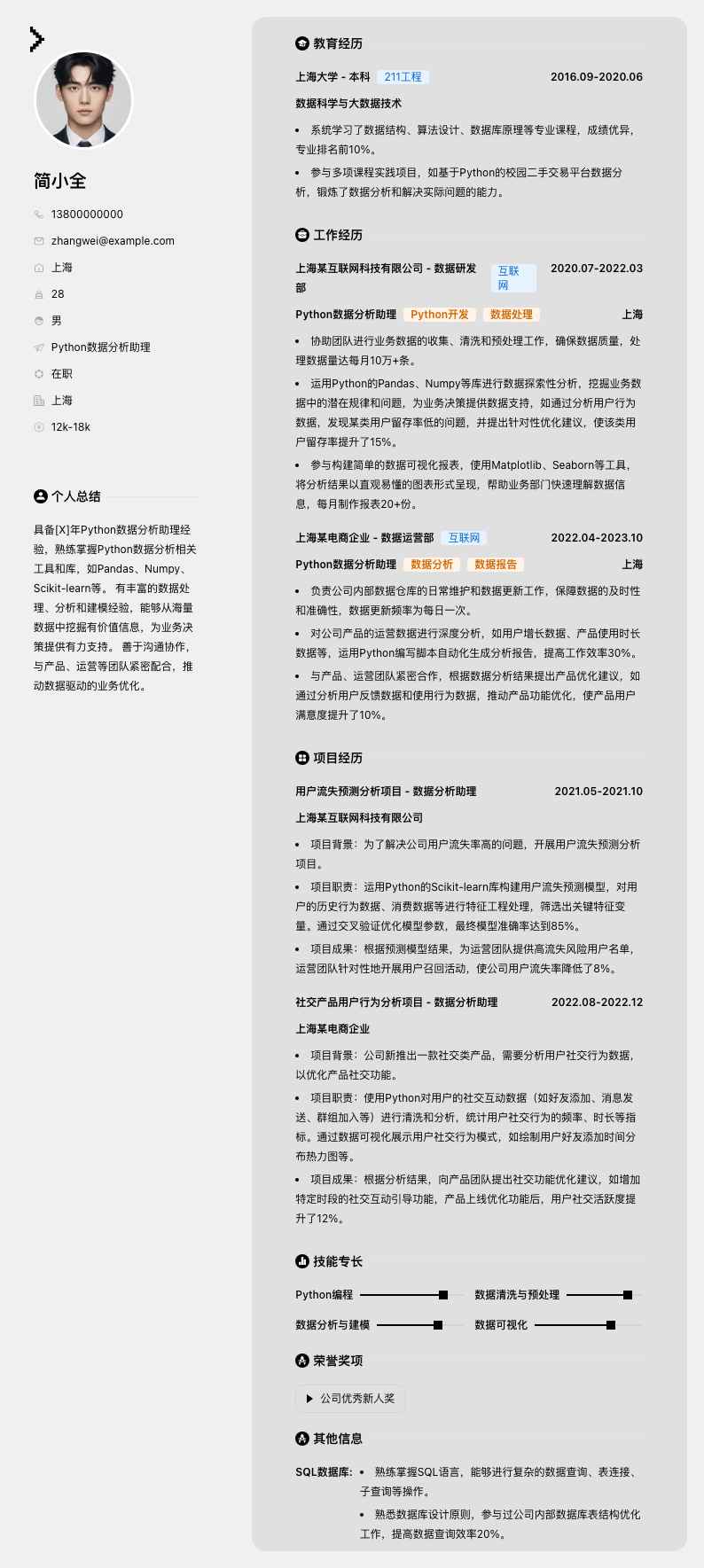 python数据分析助理简历模板