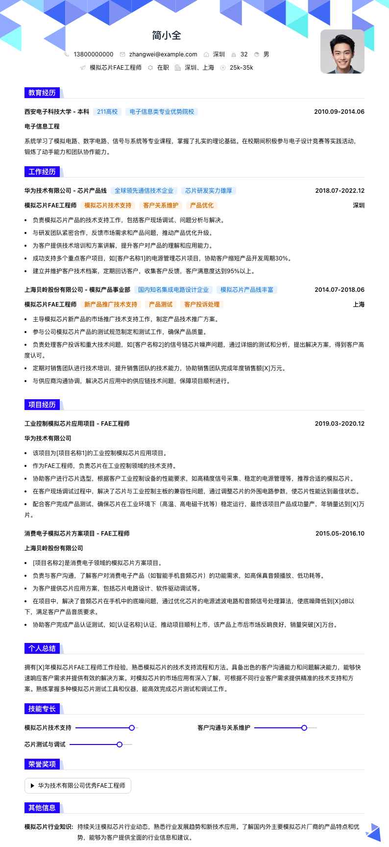 模拟芯片FAE工程师简历模板