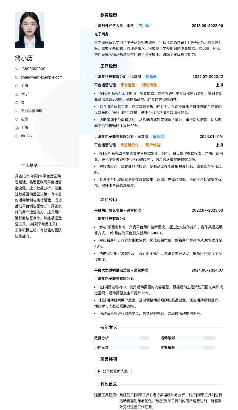 平台运营助理简历模板