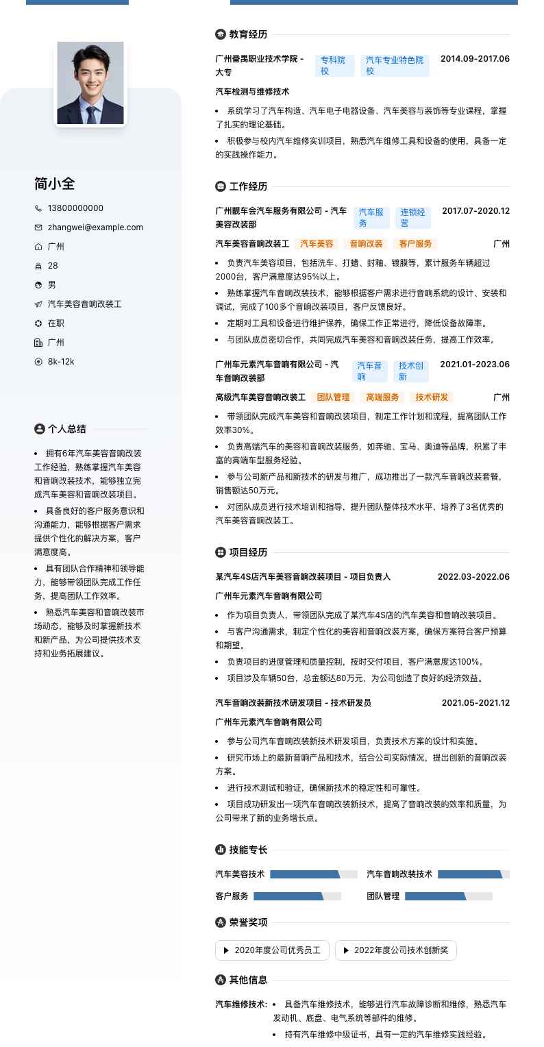 汽车美容音响改装工简历模板