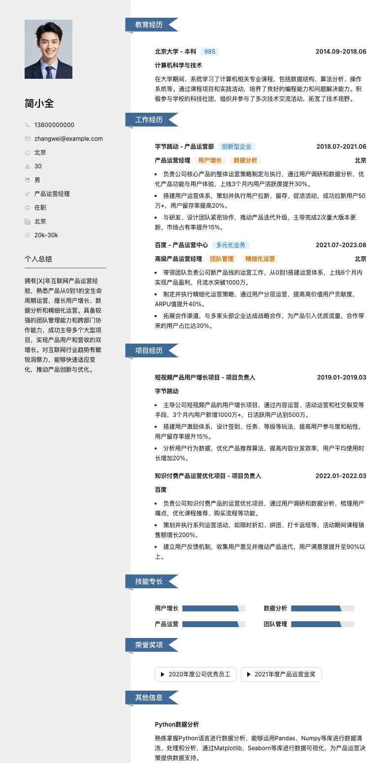 产品运营经理简历模板