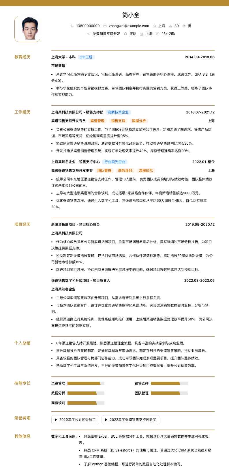 渠道销售支持简历模板