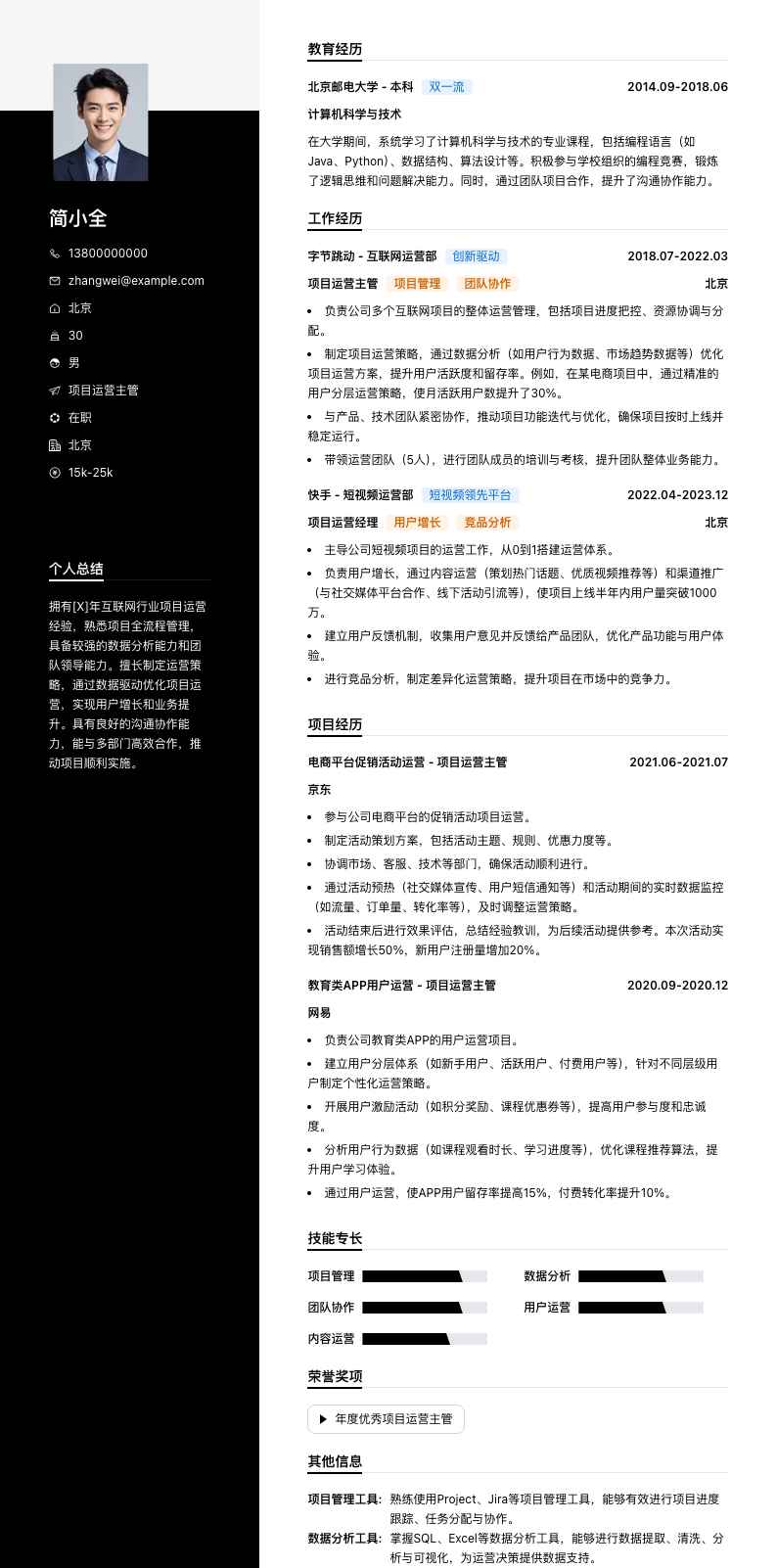 项目运营主管简历模板