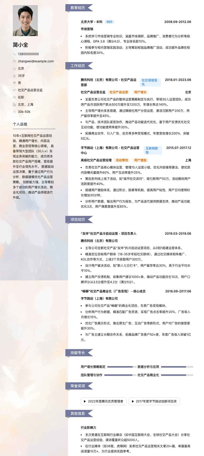 社交产品运营总监简历模板