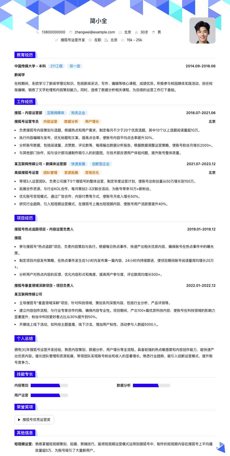 搜狐号运营简历模板